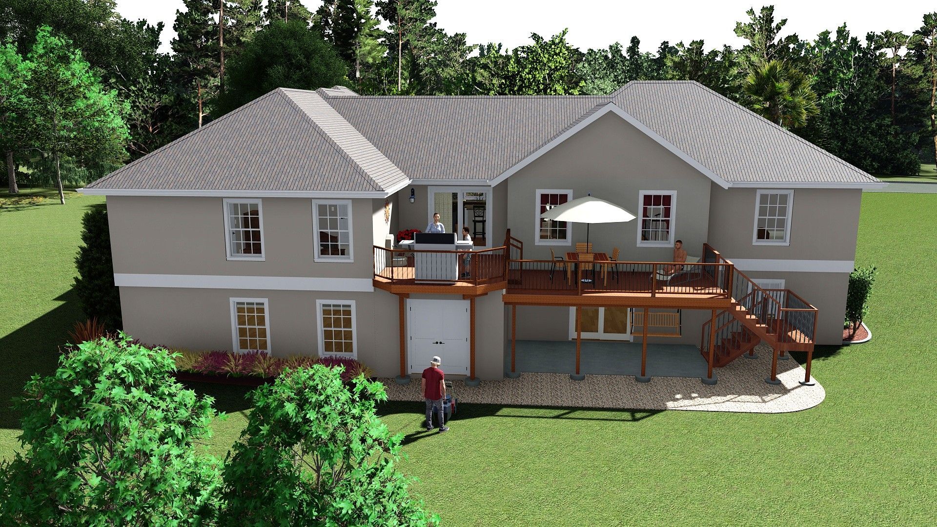 Rear view of a light beige two-story house with a wooden deck, a person, and green lawn.