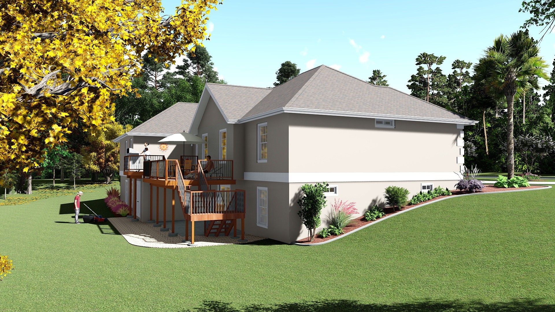 Rear view of a light beige house with wooden deck, surrounded by greenery and trees.