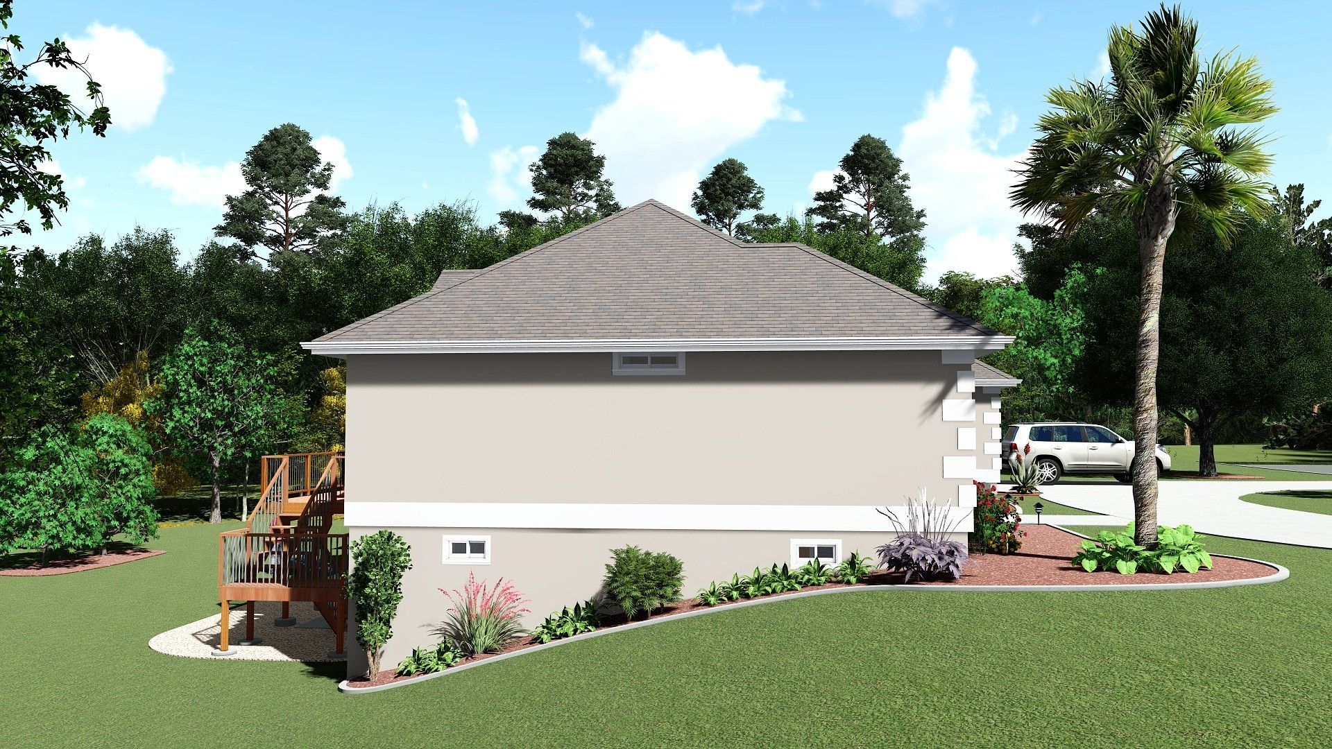 Side view of a light beige house with a gray roof and landscaping. A deck, trees, and a parked vehicle are visible.