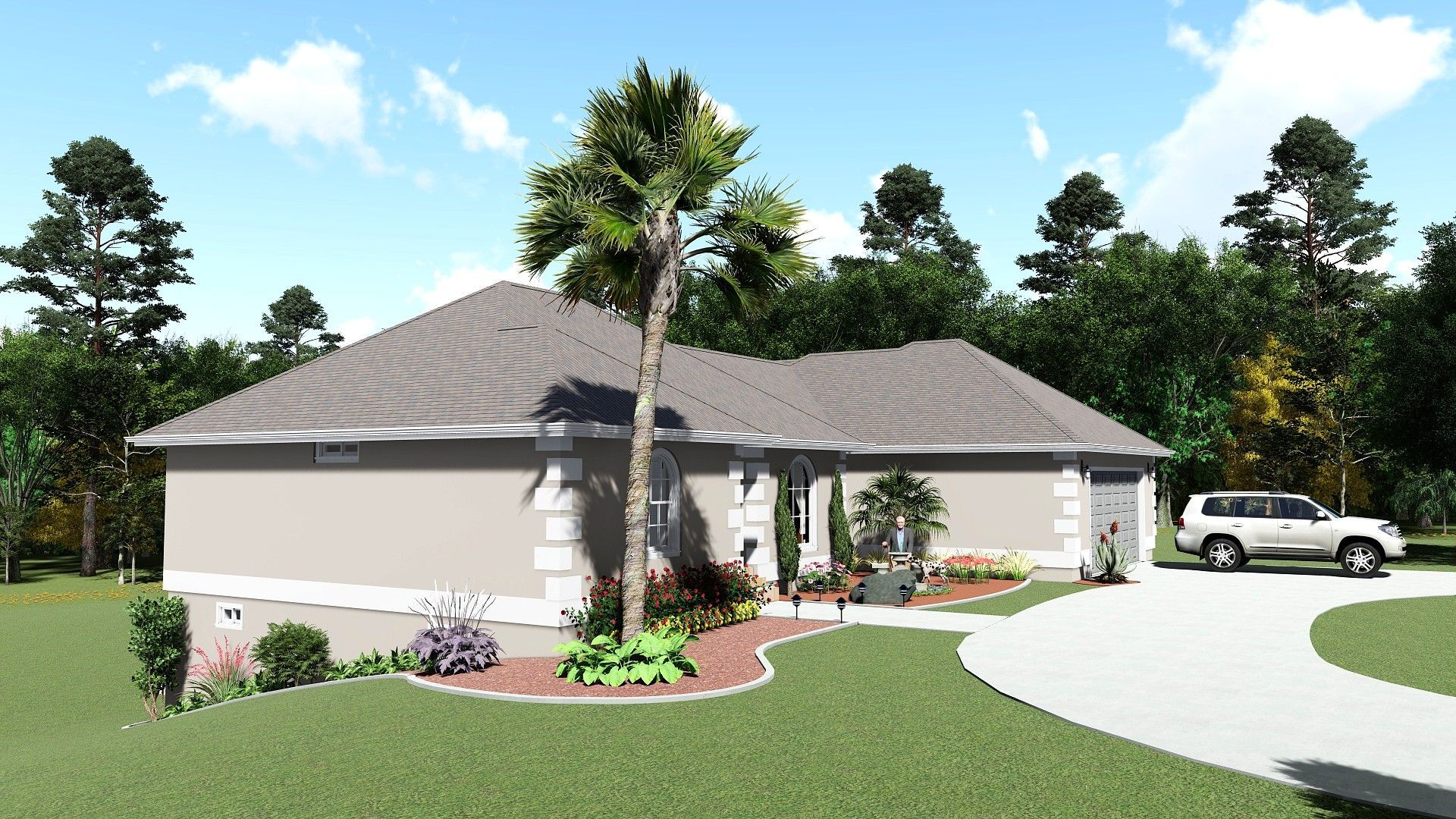 Tan house with gray roof, circular driveway, and SUV. Lush landscaping with palm trees and green grass.