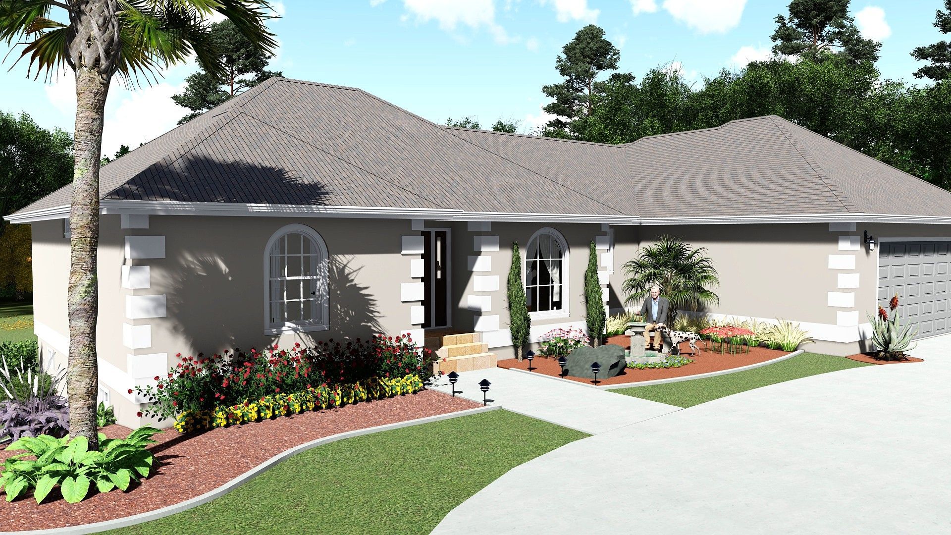 Exterior of a light-colored stucco house with a gray roof and a well-manicured lawn.