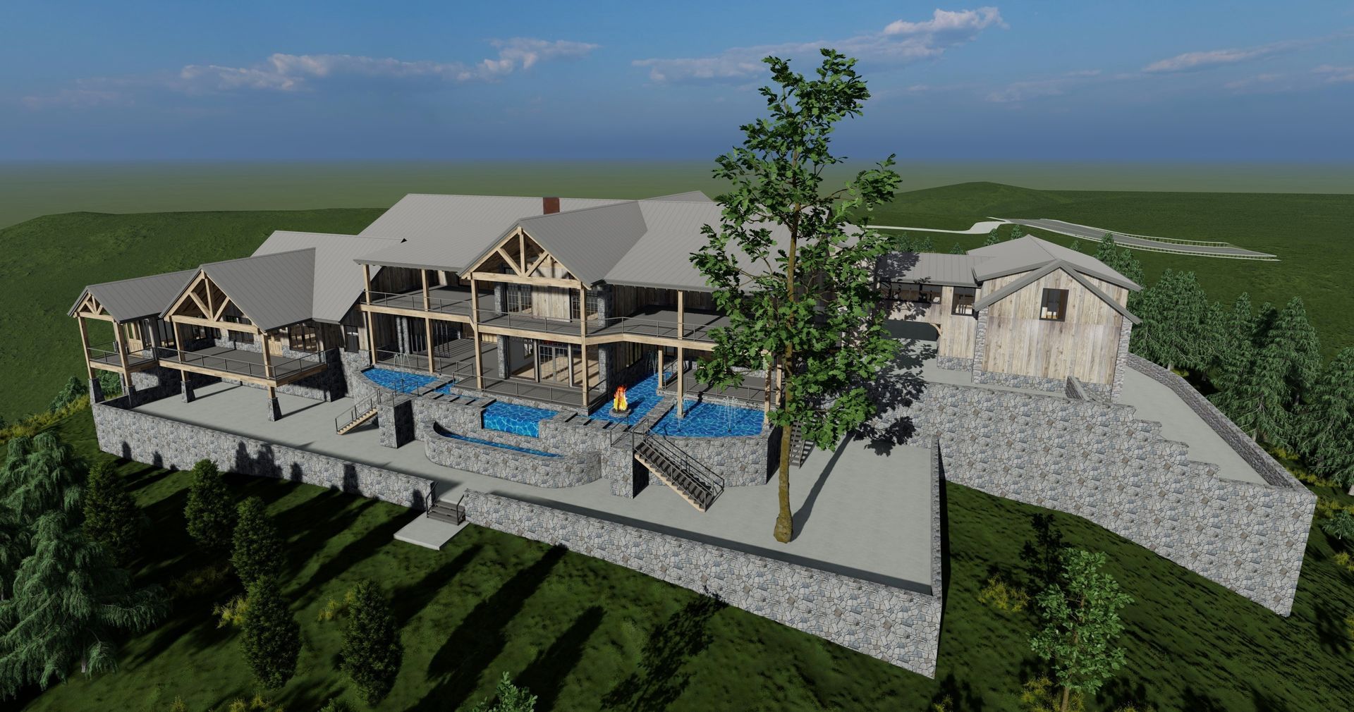 Rendering of a large, multi-level mountain lodge with pool, stone foundation, and wood beams, on a green hill.