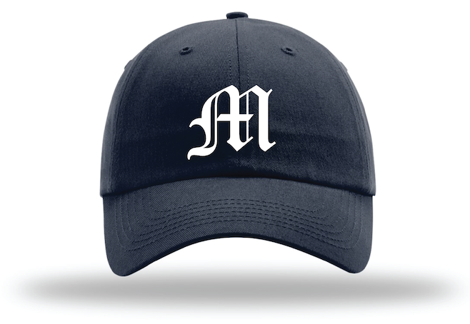A baseball cap with the letter m on it