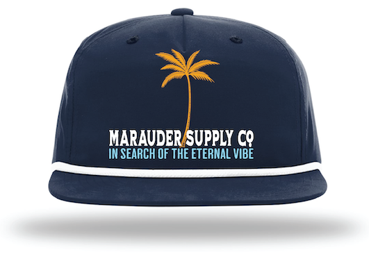 A blue baseball cap with a palm tree embroidered on it