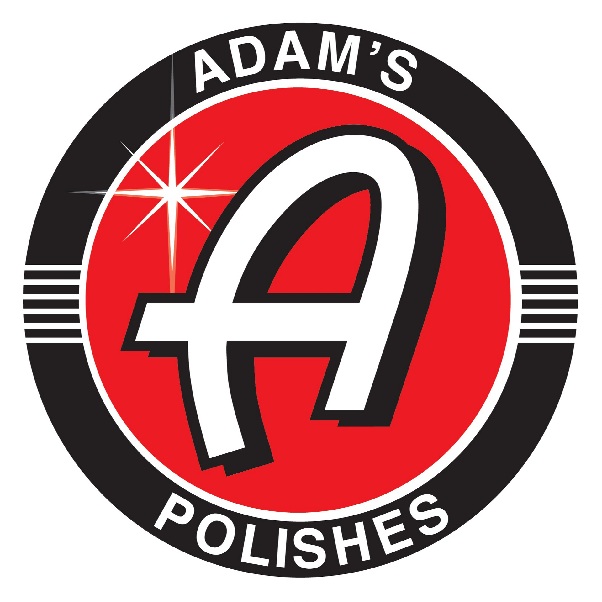 A red and black logo for adam 's polishes
