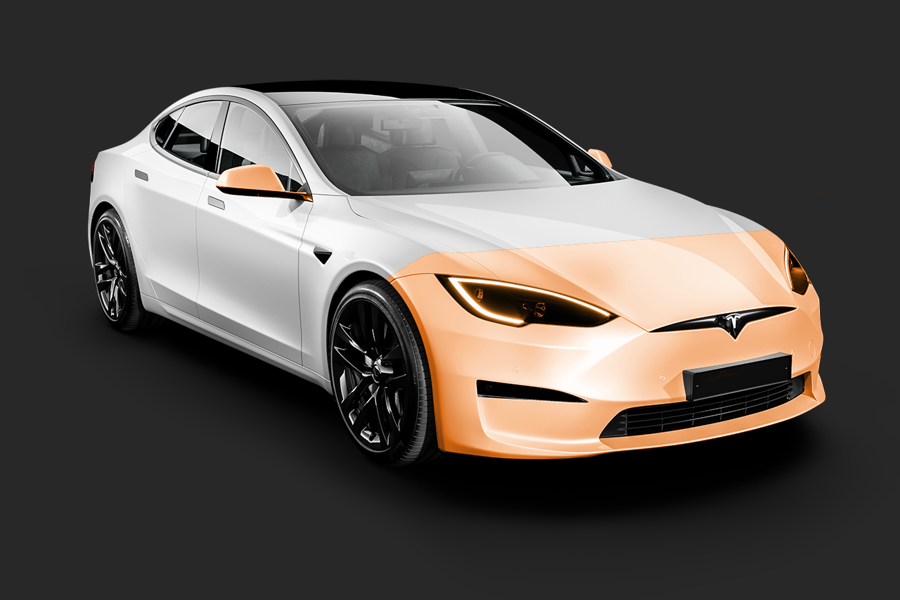 A white and yellow tesla model s with a yellow wrap on it.