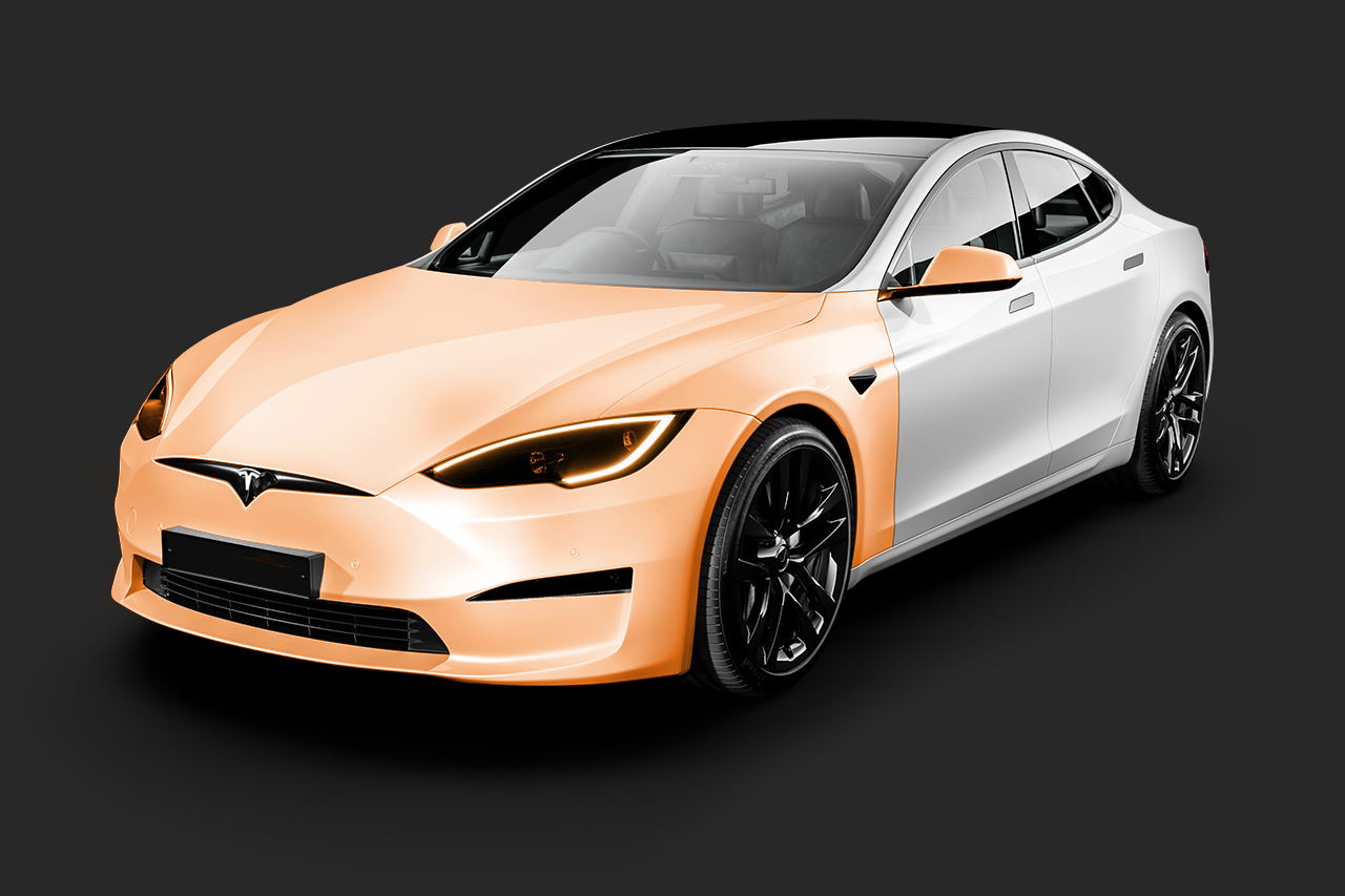A yellow and white tesla model s with a black roof on a white background.