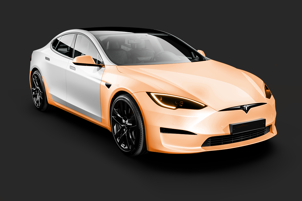 A white and yellow tesla model s with a yellow wrap on it.