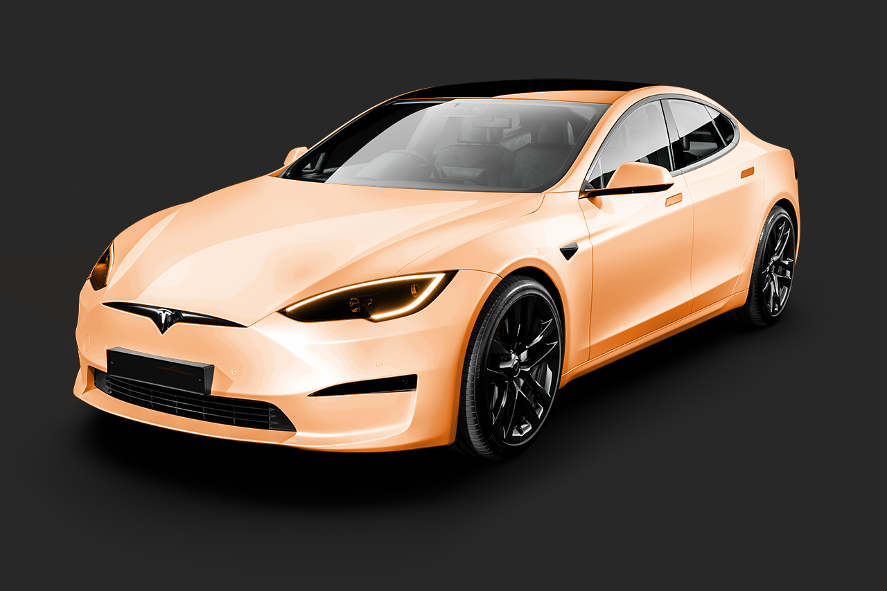 A yellow and white tesla model s with a black roof on a white background.