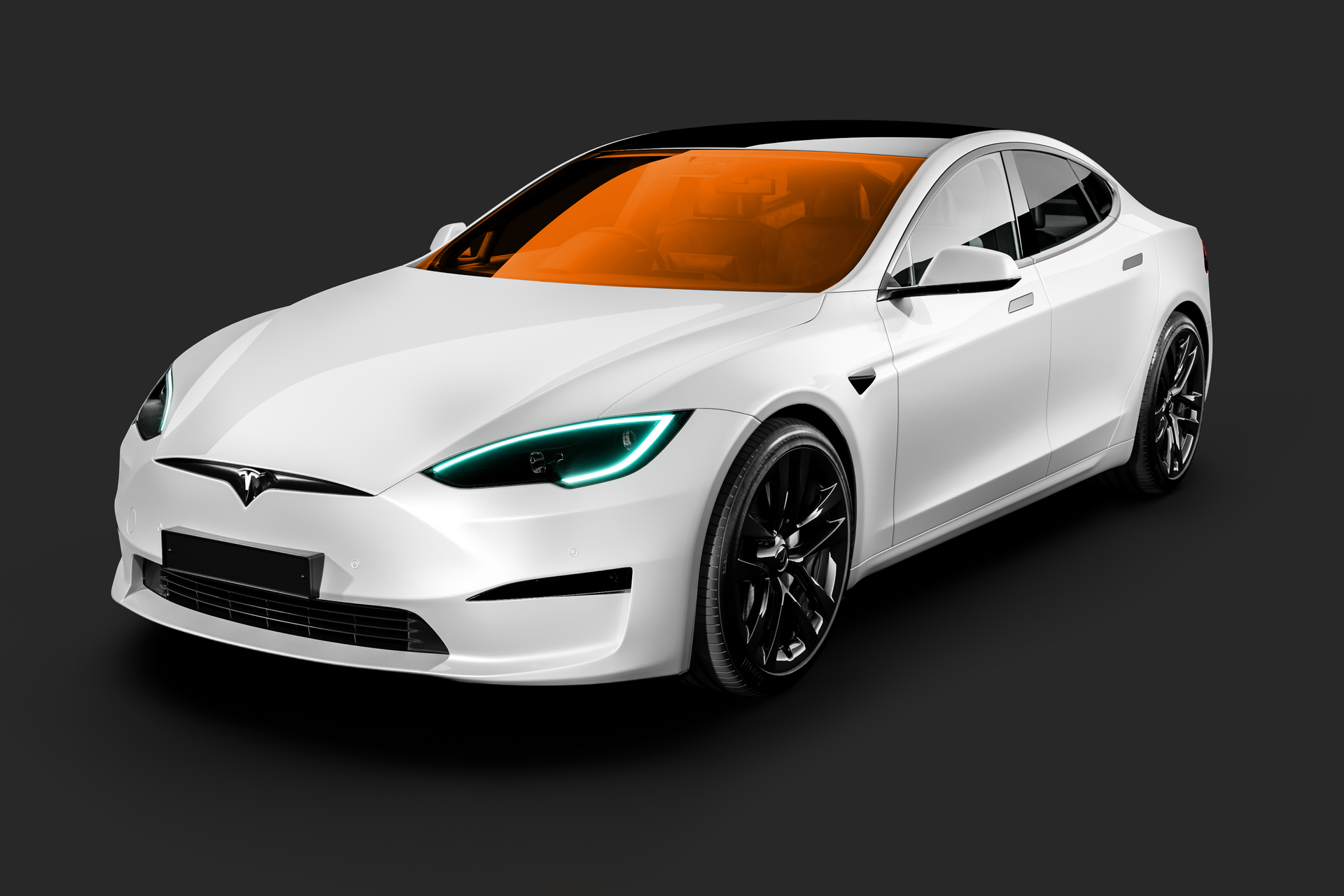 A yellow and white tesla model s with a black roof on a white background.