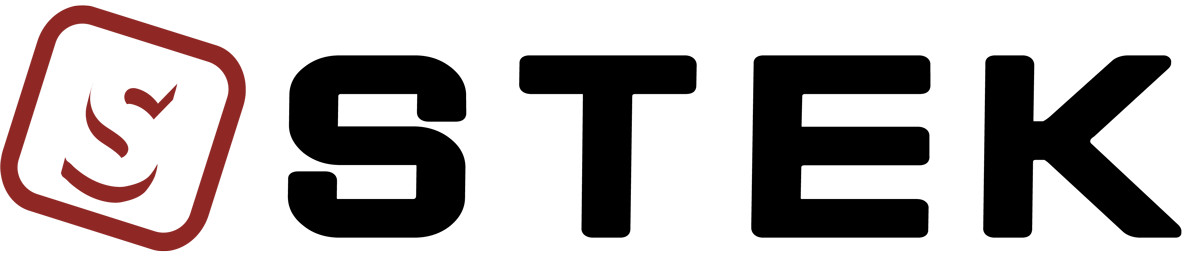 A black and red logo for a company called stek