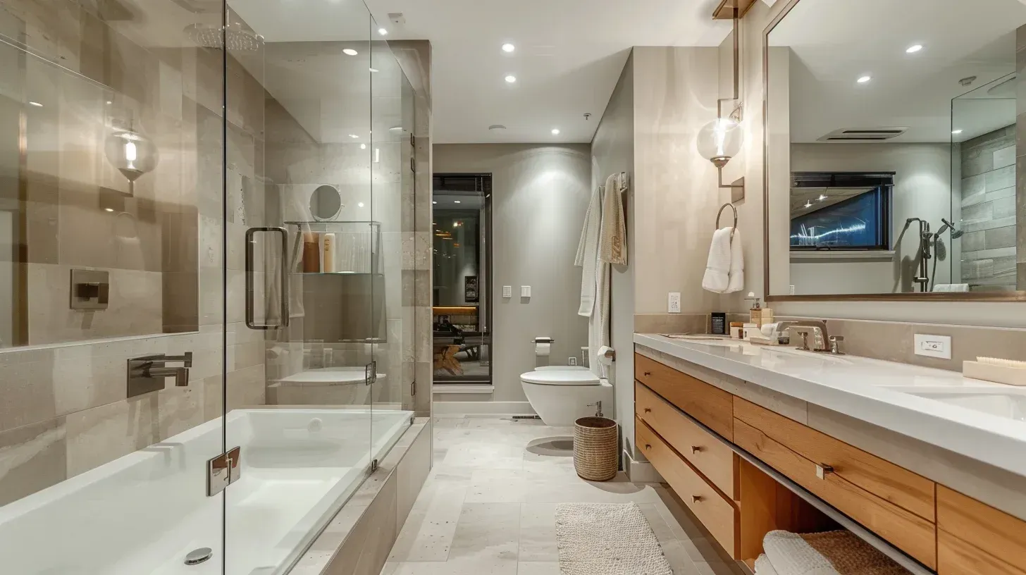 Vancouver BC bathroom renovation with waterproof vinyl flooring and new exhaust fan. Plumbing upgrades ensure efficiency. Ideal for moisture-prone bathroom spaces.
High-end bathroom remodel Vancouver using natural stone tile and integrated LED lighting. Custom vanity installation maximizes storage. Executed by award-winning bathroom contractors.
Bathroom renovation Vancouver with double sink vanity and under-cabinet lighting. Frameless glass enclosure improves space perception. Professional installation across Greater Vancouver.
Vancouver bathroom remodel project including plumbing and electrical upgrades. Code-compliant GFCI outlets installed. Designed for long-term durability and safety.
Condo bathroom remodeling Vancouver BC with floating vanity and wall storage. Modern fixtures create sleek design. Built for strata-approved renovations.
