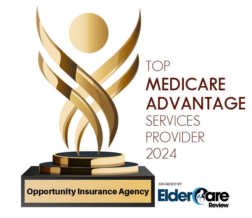 Gold trophy with “Top Medicare Advantage Services Provider 2024” and Opportunity Insurance Agency, ElderCare Review logos
