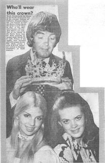 Vintage magazine collage of three smiling people holding a crown, with headline “Who’ll wear this crown?”