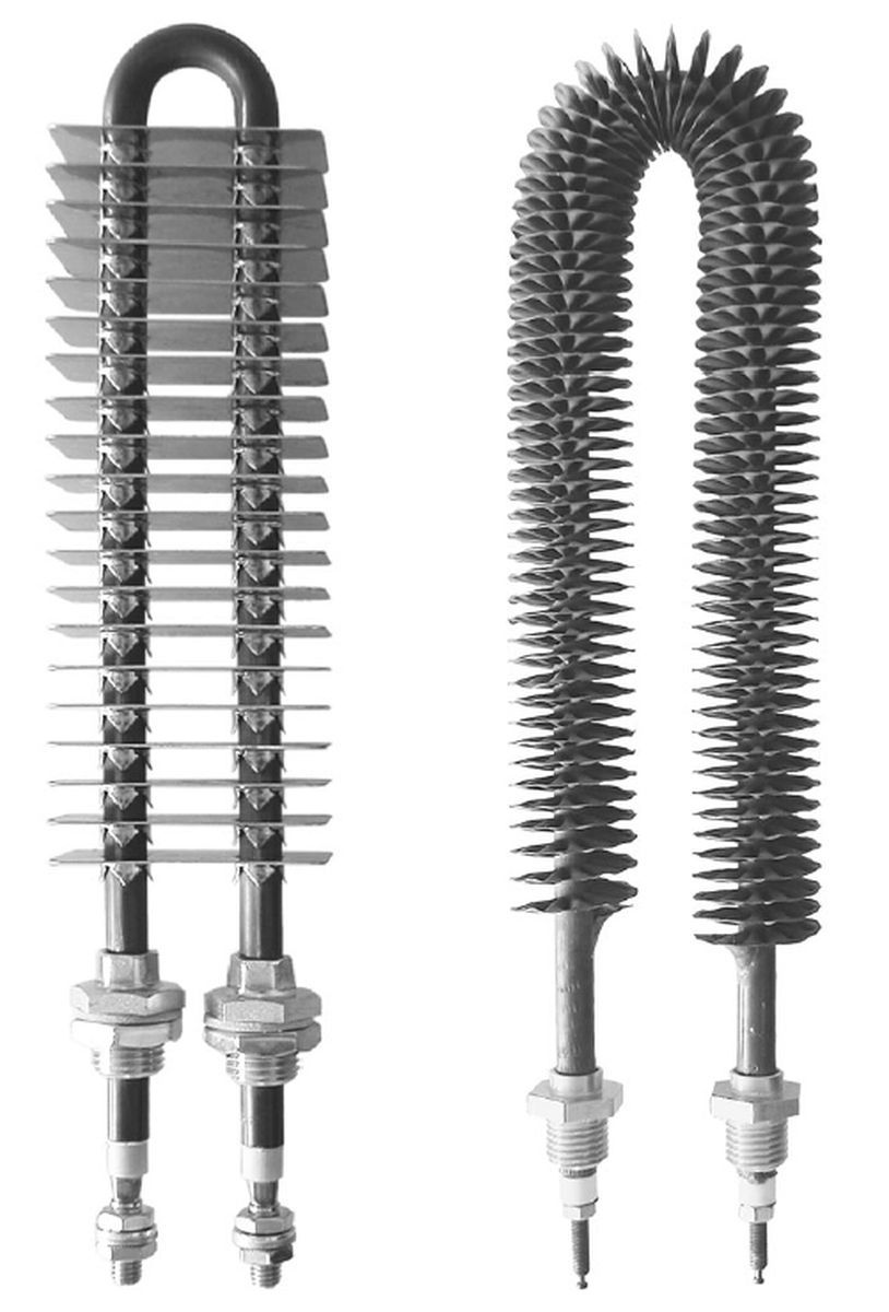 Dos elementos calefactores eléctricos en forma de U, uno con aletas metálicas y el otro con aletas en espiral.