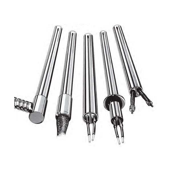 Cinco calentadores de inmersión metálicos cilíndricos con diferentes diseños de puntas.