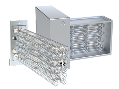 Calentadores de conducto eléctricos con elementos calefactores en espiral en una carcasa metálica.