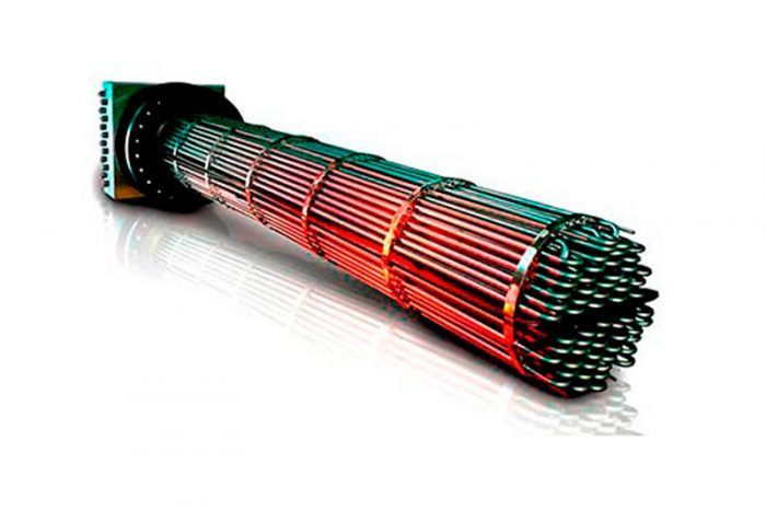 Intercambiador de calor con numerosos tubos de color rojo incandescente, con estructura metálica