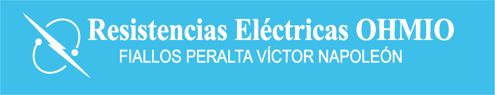 Logotipo para Resistencias Eléctricas OHMIO, empresa, con texto blanco sobre fondo azul.