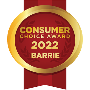 A circular Consumer Choice Award seal with red background and gold trim, reading 2022 and Barrie, set on a red ribbon.