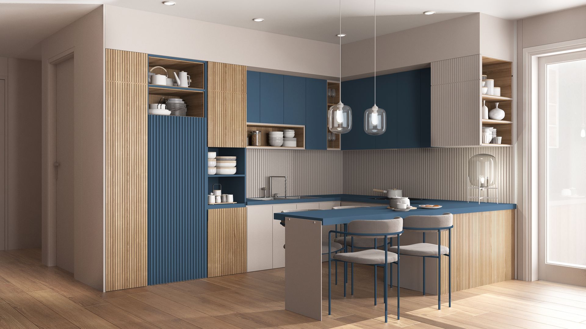A 3d rendering of a modern kitchen with blue cabinets and wooden slats.