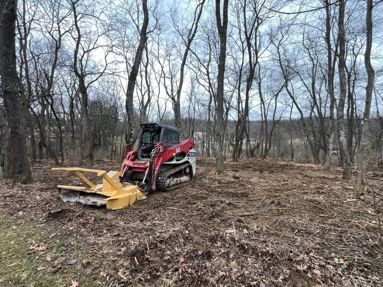 Red skid steer with brush cutter clearing a wooded area, brown leaves, bare trees, overcast sky.