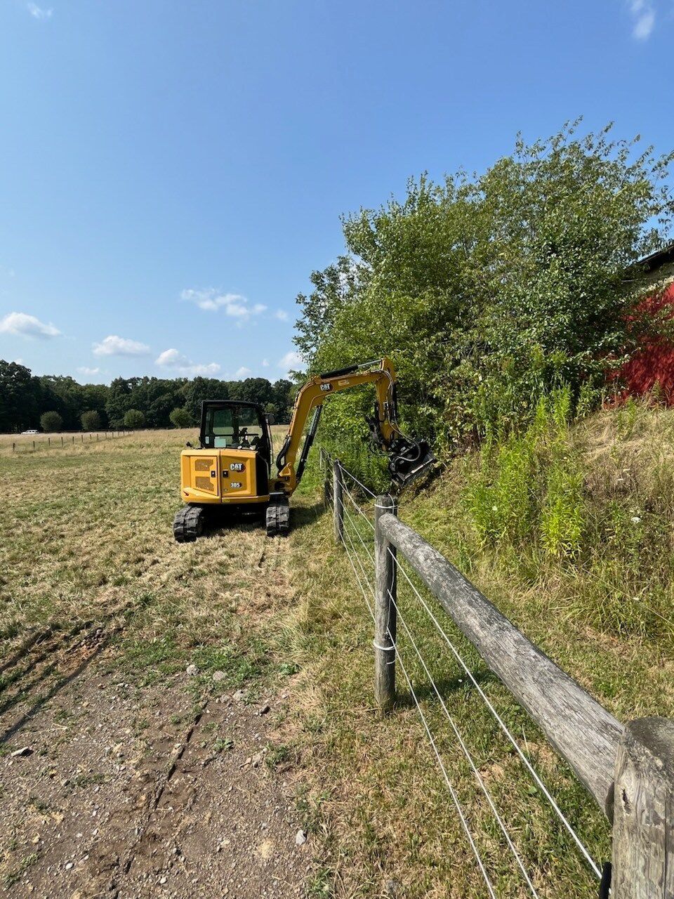 A yellow excavator working next to a fence and overgrown bushes in a field on a sunny day.