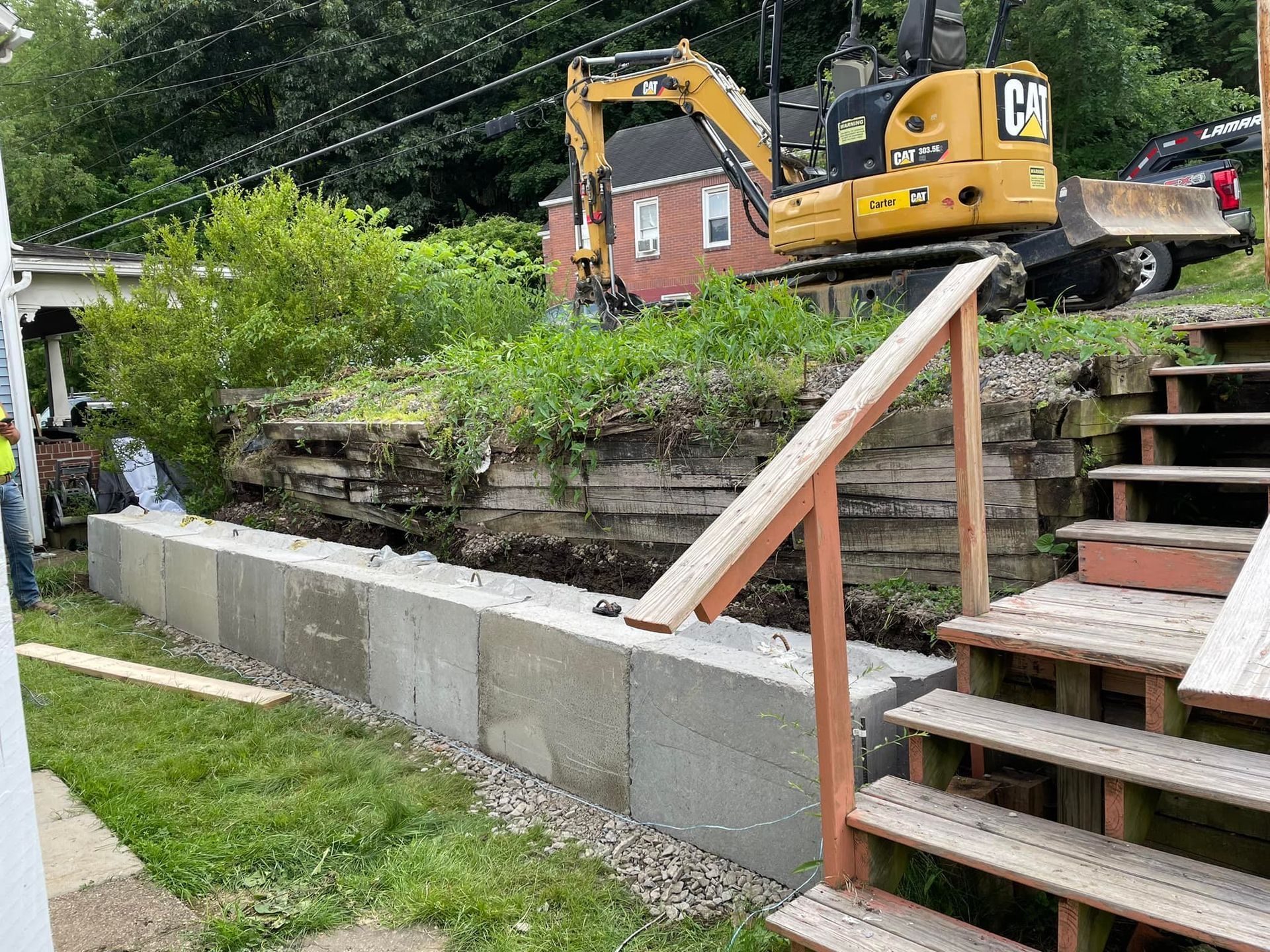 A construction site with a cat excavator in the background.