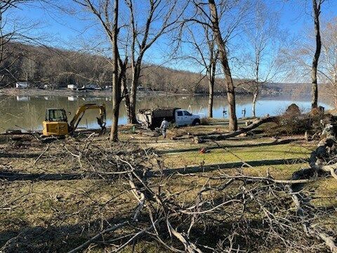 Yellow excavator and white truck clearing debris along a riverbank, bare trees, and distant houses on a sunny day.