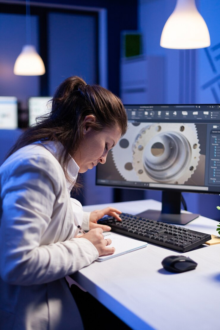 Woman in lab coat working on computer, sketching, with a mechanical part design on screen.