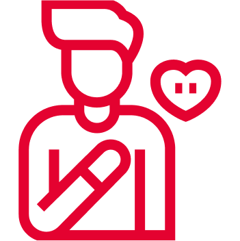 Person with hand on chest, red outline, heart icon to the side.