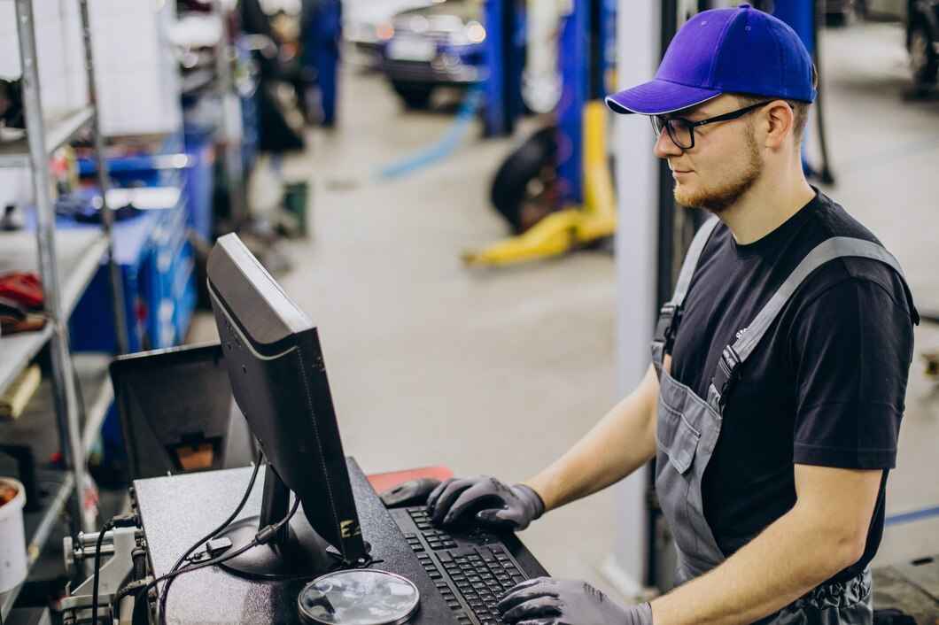 Mechanic in blue cap and gloves types on computer in auto shop.