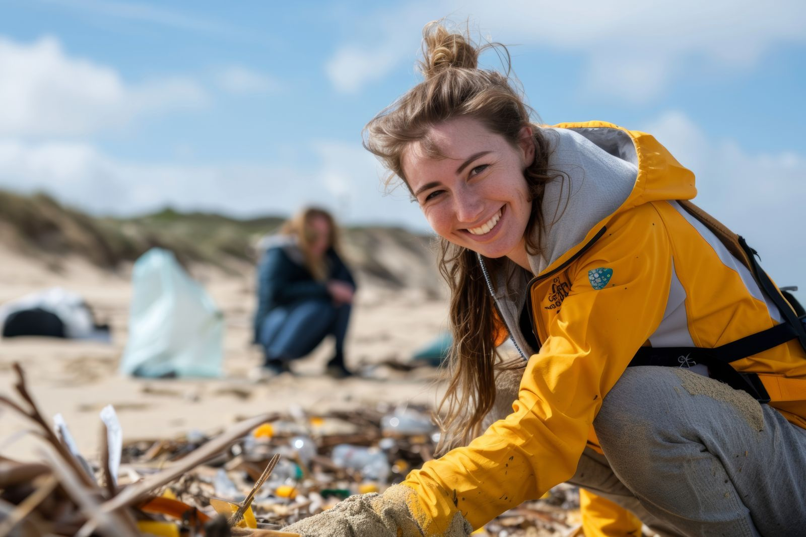 Woman in yellow jacket smiles while cleaning beach, other person in background.