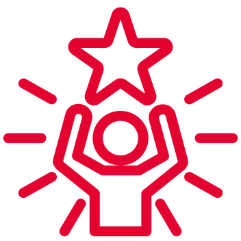 Red person holding a star above their head, with radiating lines.