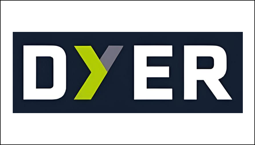 DYER logo: White letters on dark background, with a green and grey stylized "Y".