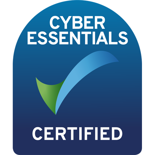 Cyber Essentials Certified Logo, blue background, with a green and blue tick, with Cyber Essentials written above the tick and Certified written below the tick. 