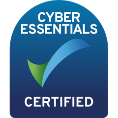 Cyber Essentials Certified Logo, blue background, with a green and blue tick, with Cyber Essentials written above the tick and Certified written below the tick. 
