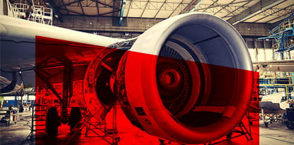 Airplane engine in a maintenance hangar, overlaid with Polish flag.