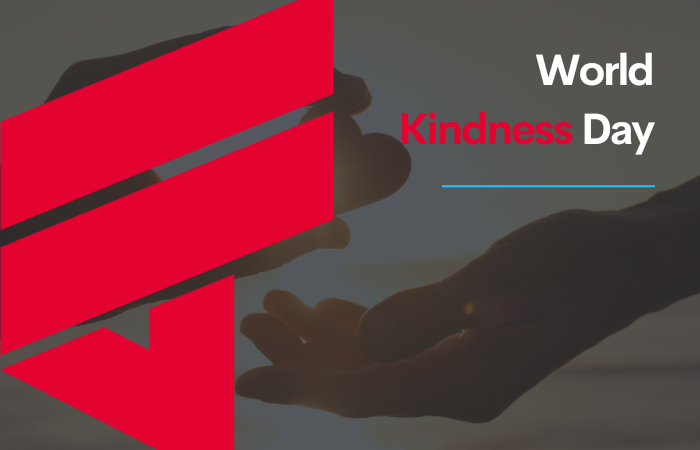 Two hands reaching towards each other; red logo and text for World Kindness Day.