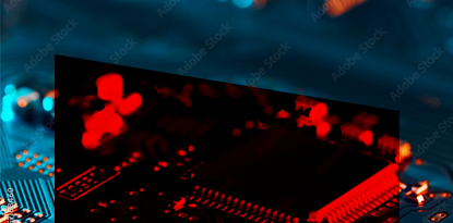 A dark, stylized view of a circuit board with red and blue accents, suggesting a digital or tech theme.