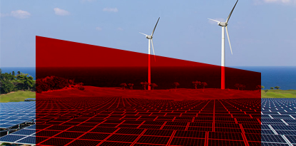 Red-tinted shot of solar panels and wind turbines, highlighting renewable energy sources near a coastline.