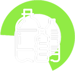 Plastic bottles within a green arc, indicating recycling.