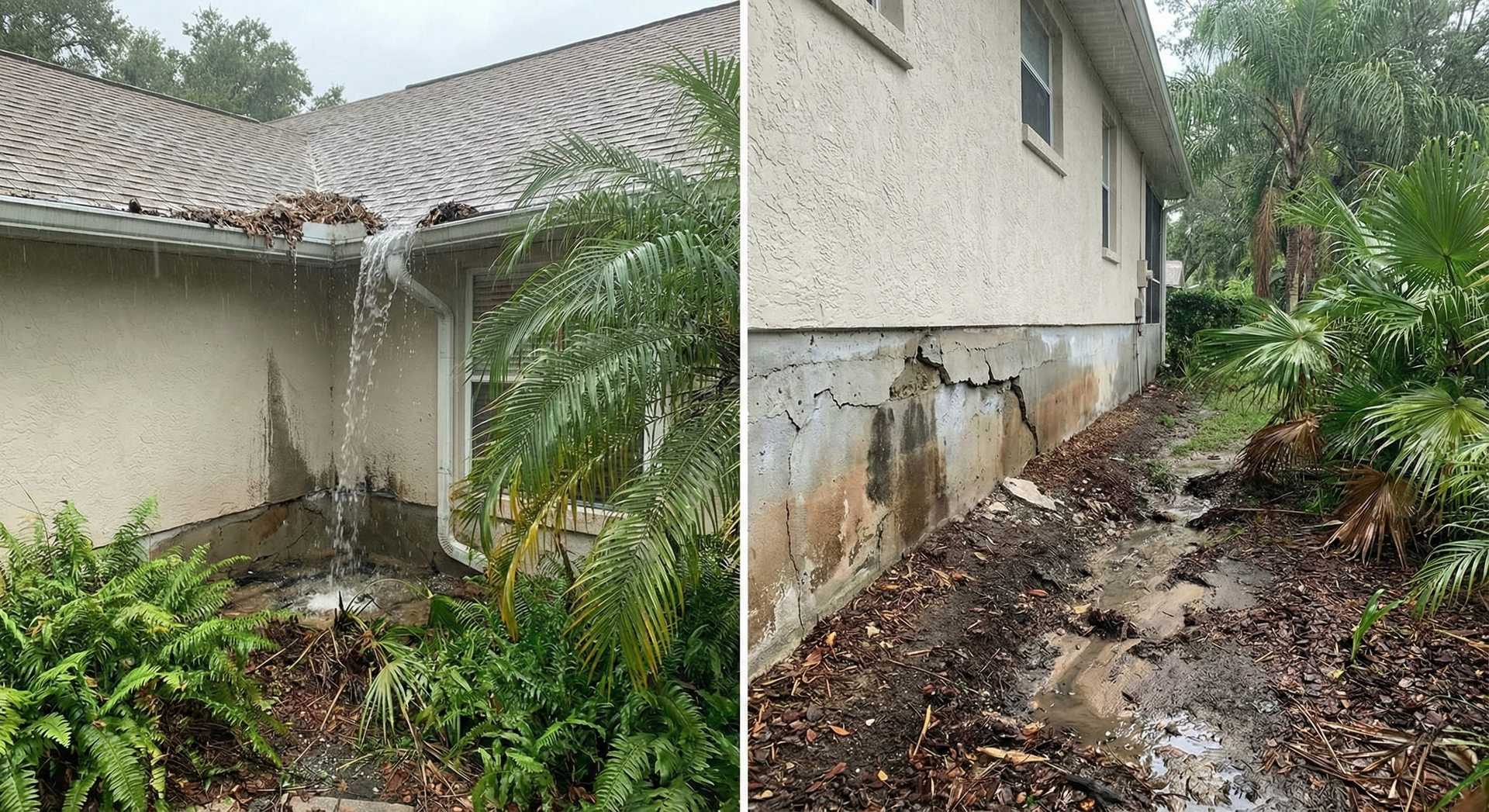 Left: Water overflowing clogged gutter. Right: Foundation damage from water runoff.