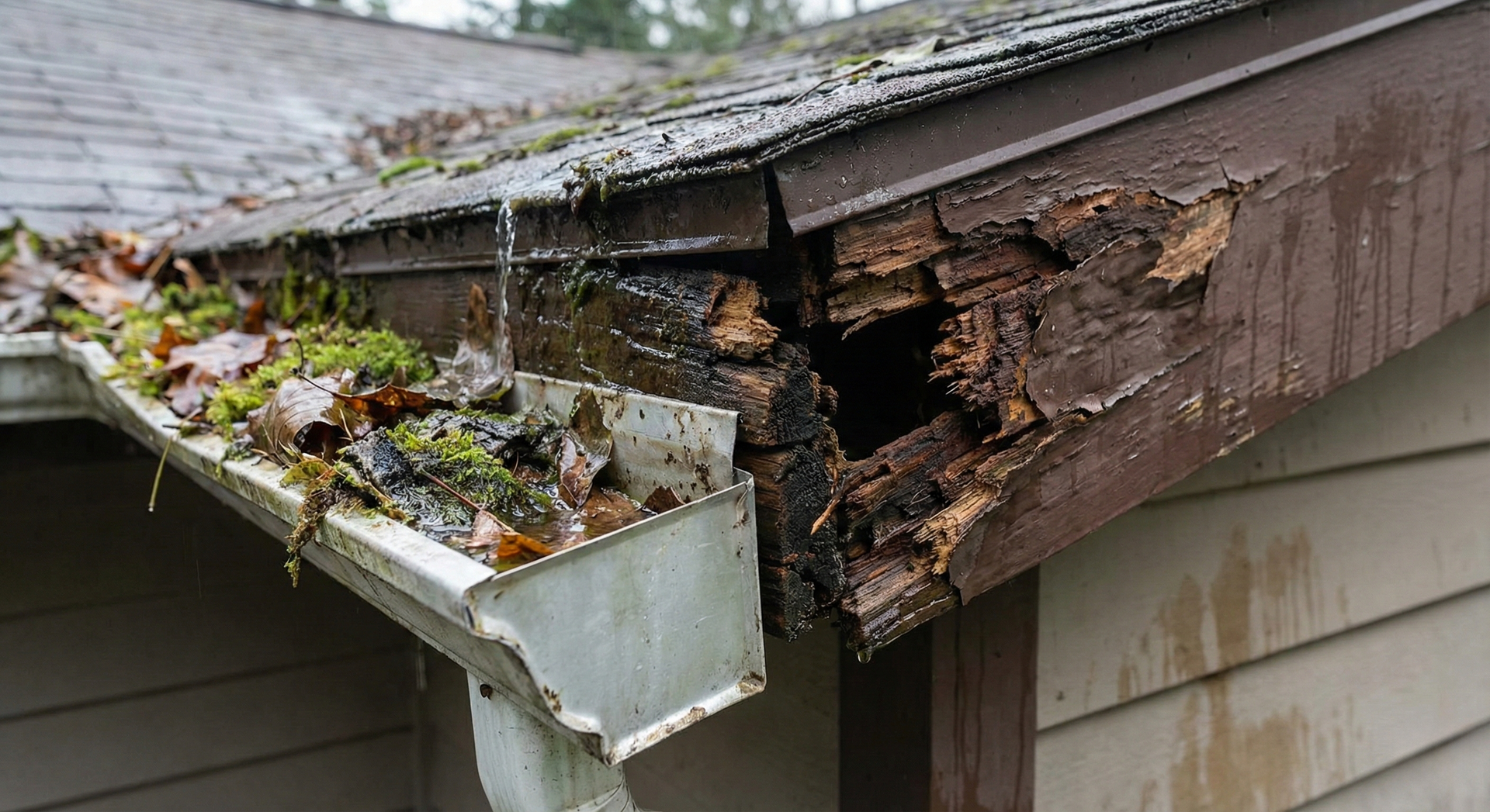 Damaged roof corner with rotting wood, clogged gutter, and water flowing out.