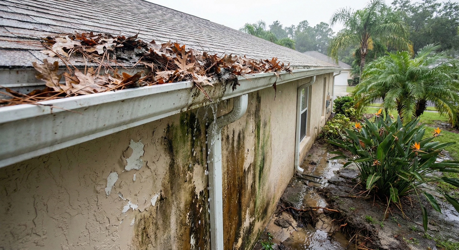 Overfilled gutters with leaves, causing water damage and staining on a beige house exterior.