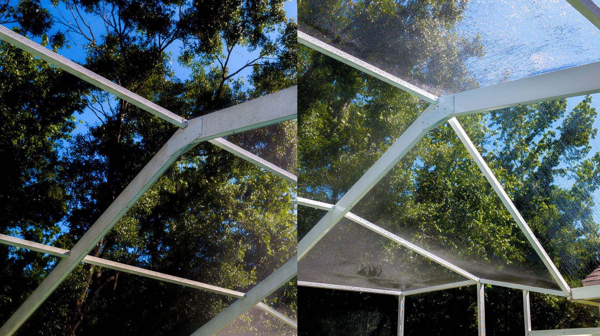 Screen enclosure before and after soft washing