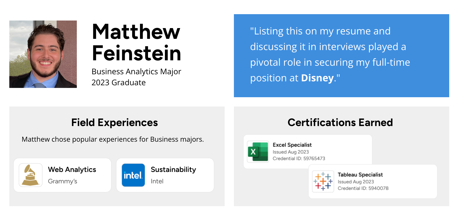 A headshot of Matthew Feinstein with text about his work experience and certifications.