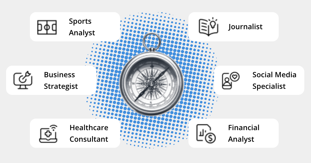 Compass various career paths around it: sports analyst, social media specialist, financial analyst, business strategist.