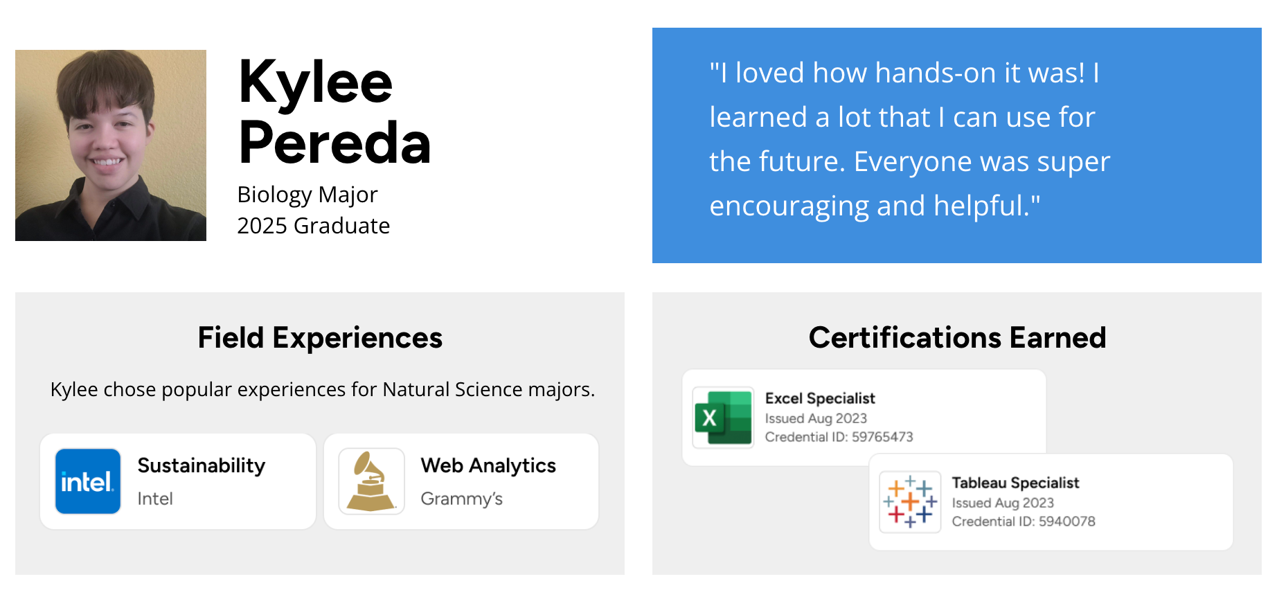 Kylee Pereda, with quote, field experiences, and certifications.