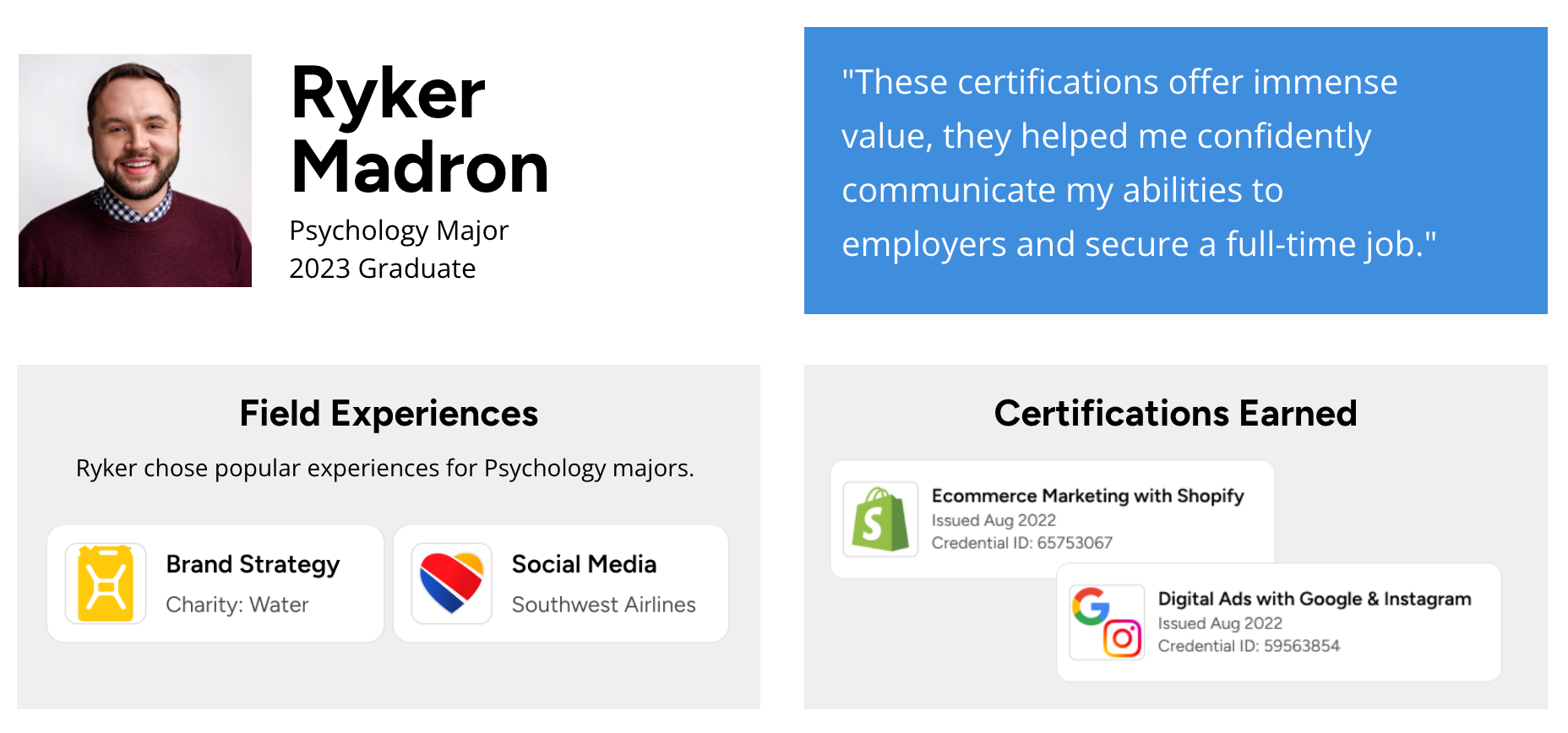 Person with quote on certifications, field experiences.